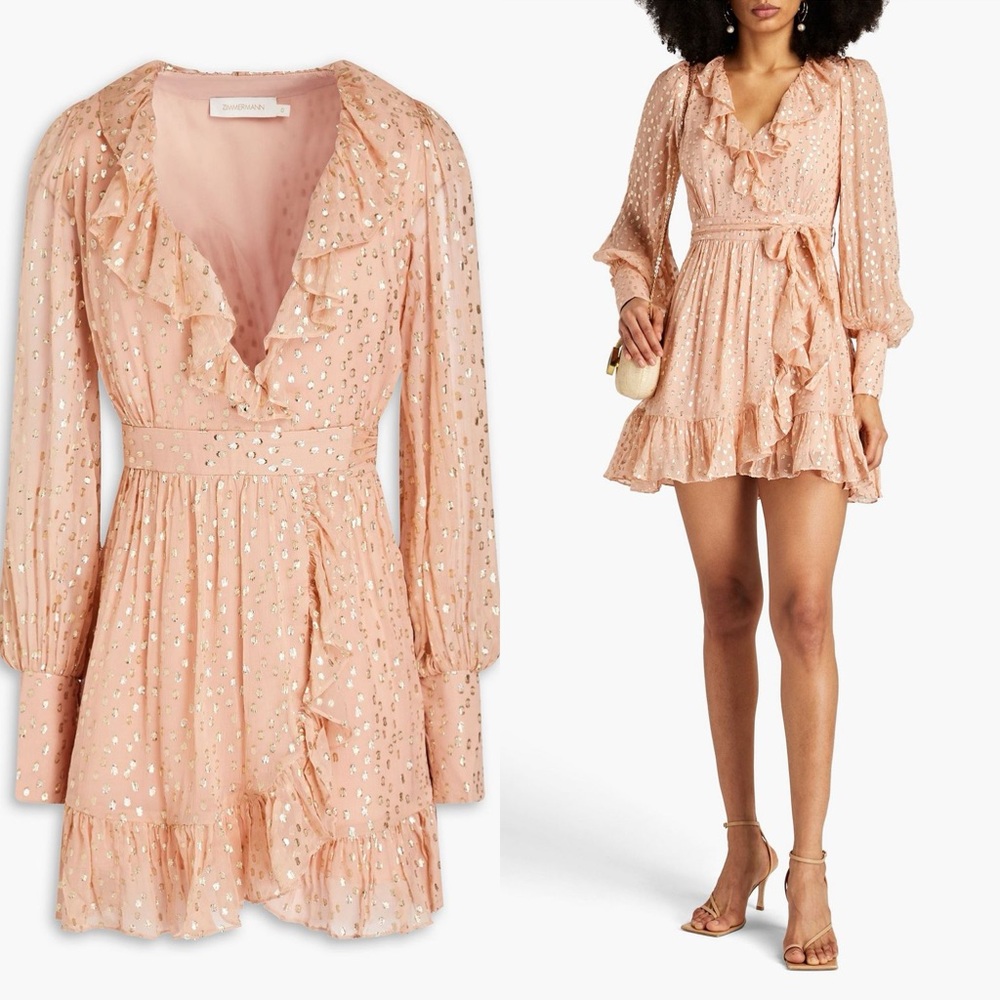 Zimmermann Peach Ruffle Wrap Long-Sleeve Mini Dress with Gold Foil
